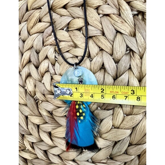 Artisan Crafted 1.5" Round Blue Mother of Pearl & Bird Feather Pendant Necklace - Picture 8 of 8